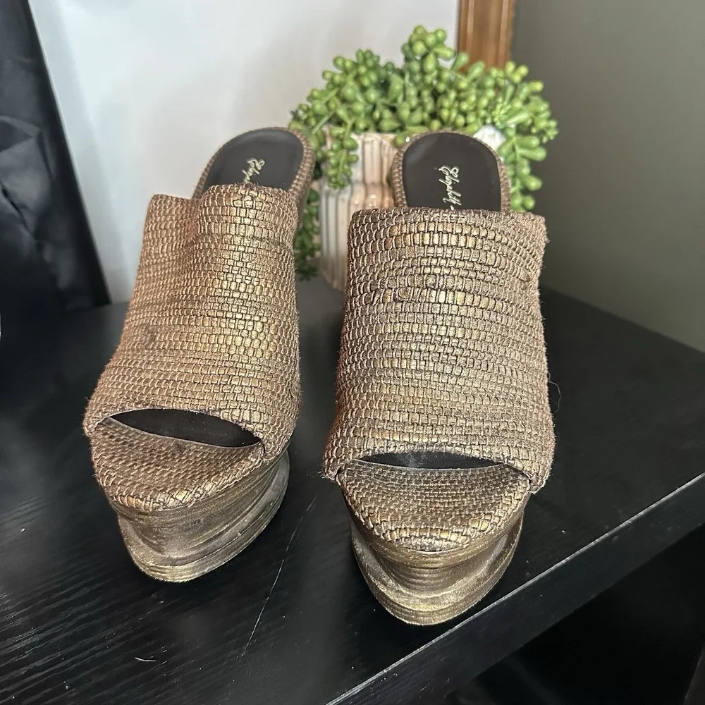 Elizabeth and James Woven Leather Sandal Fashion‎ Platform Slide Bronze 7.5